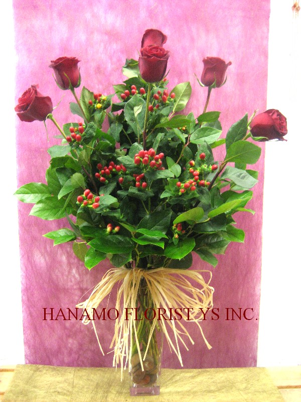 VALE044 6 Best Long Stem Red Rose in Vase